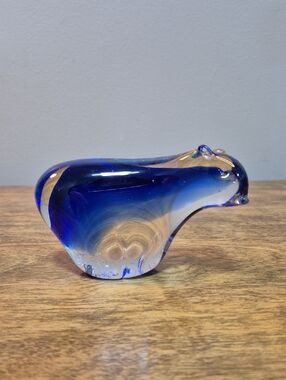 MURANO GLASS Handblown Cobalt Blue & Clear Polar Bear Paperweight